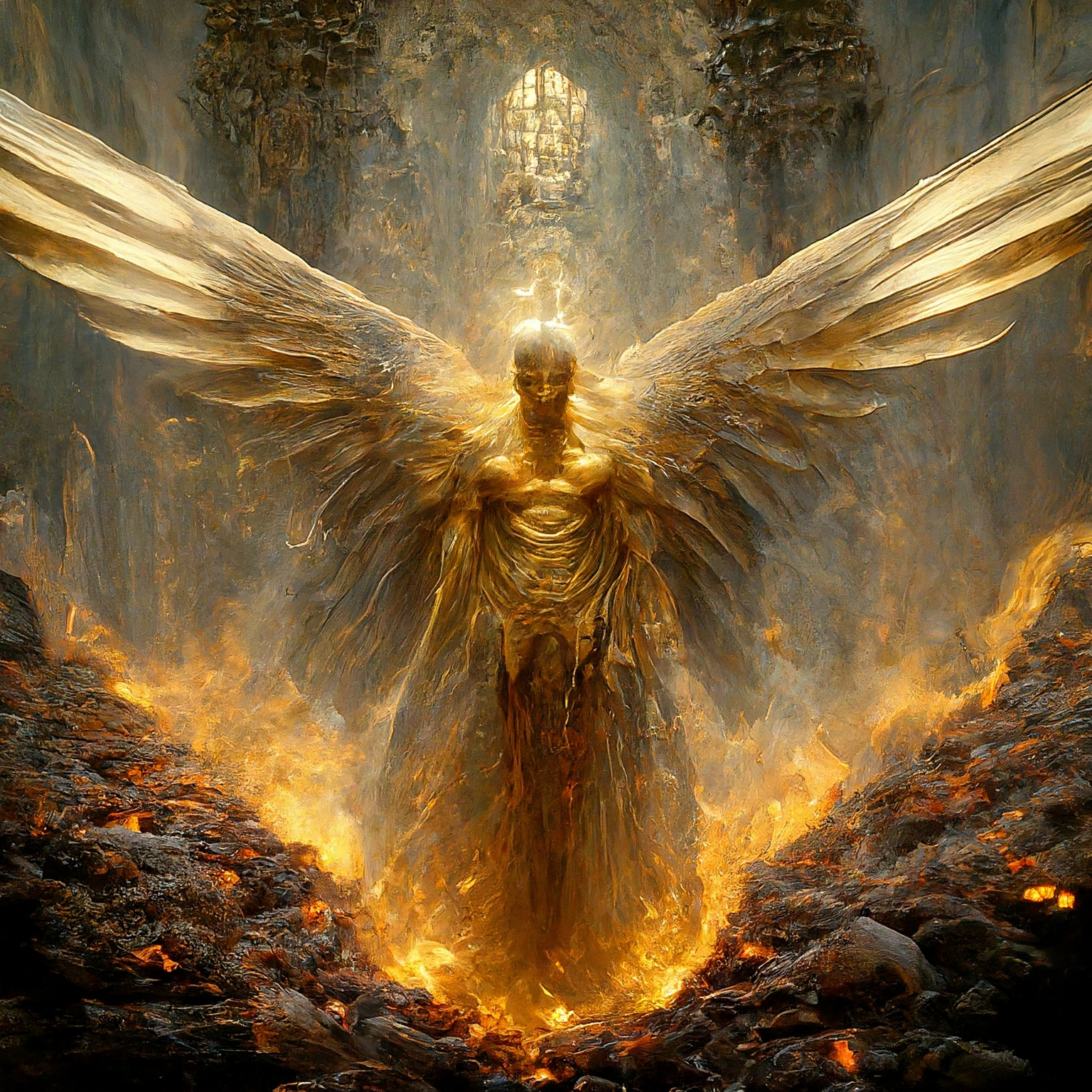 A golden angelic figure with large wings, surrounded by fire and embers, representing Father Light.