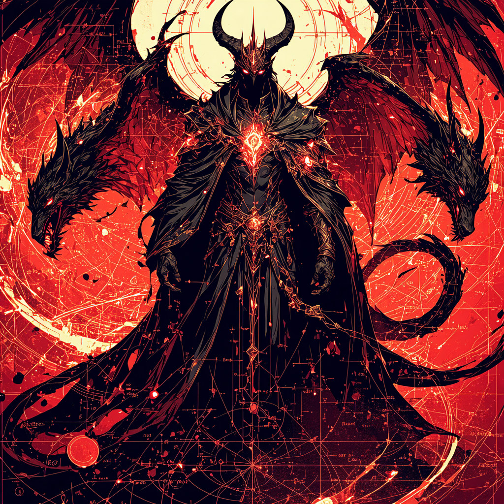 A dark, shrouded figure in a rocky, fiery landscape, representing Lord Dark.